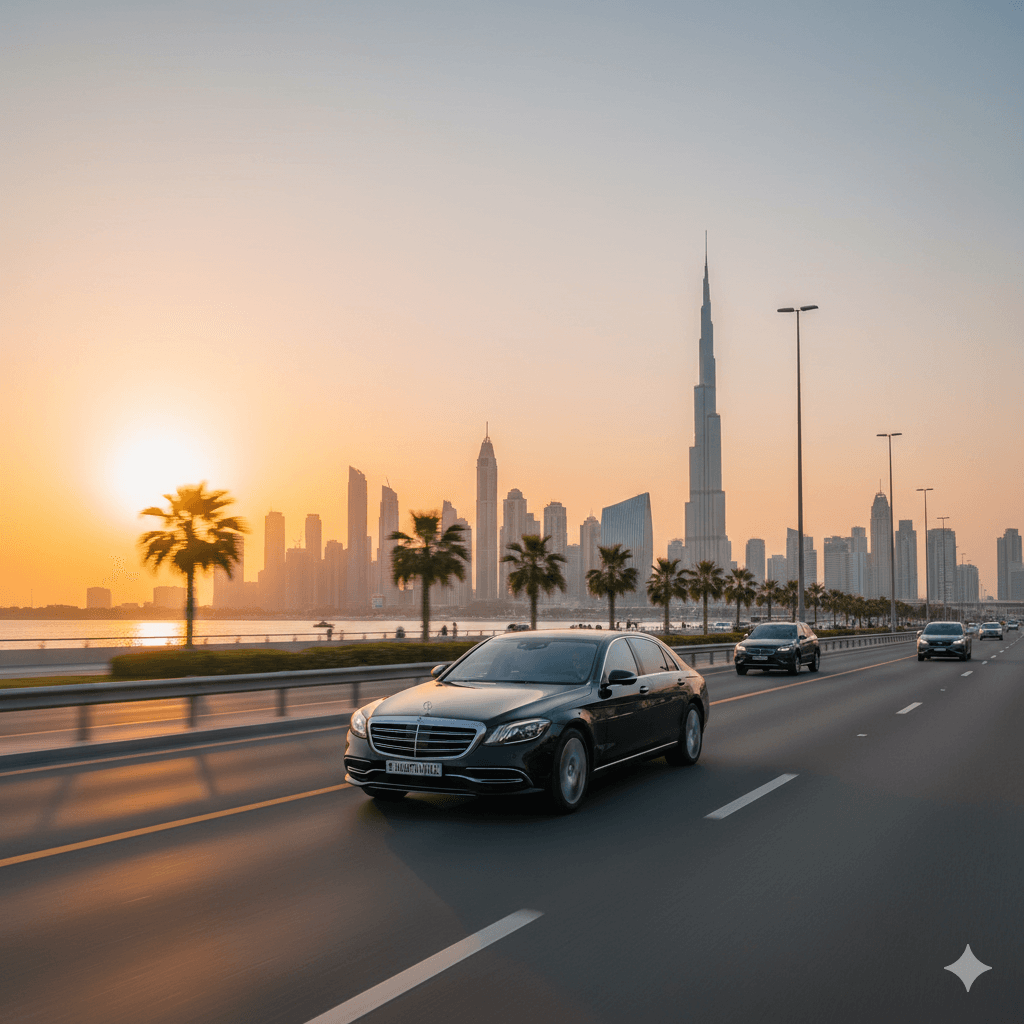 Luxury chauffeur car driving through UAE city skyline during peak travel season, by UAE Book A Car